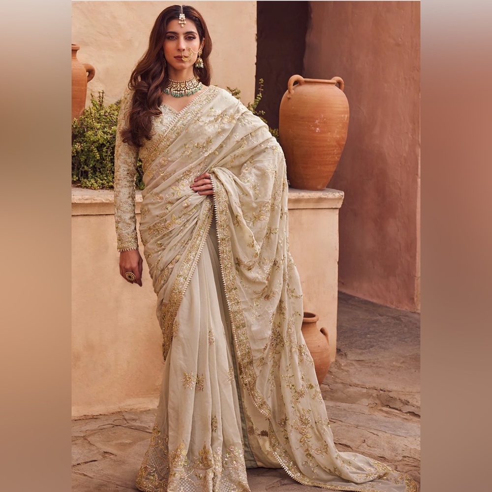 Elegant Dusty Green and Gold Embroidered Saree